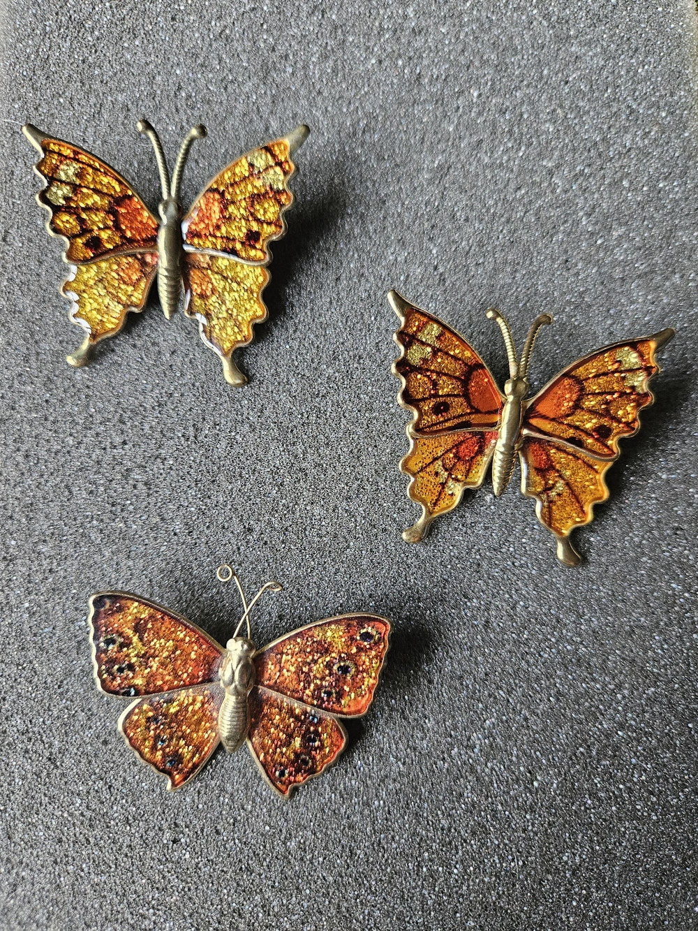 Vintage Orange Glitter Butterfly Brooches - Set of 3.
